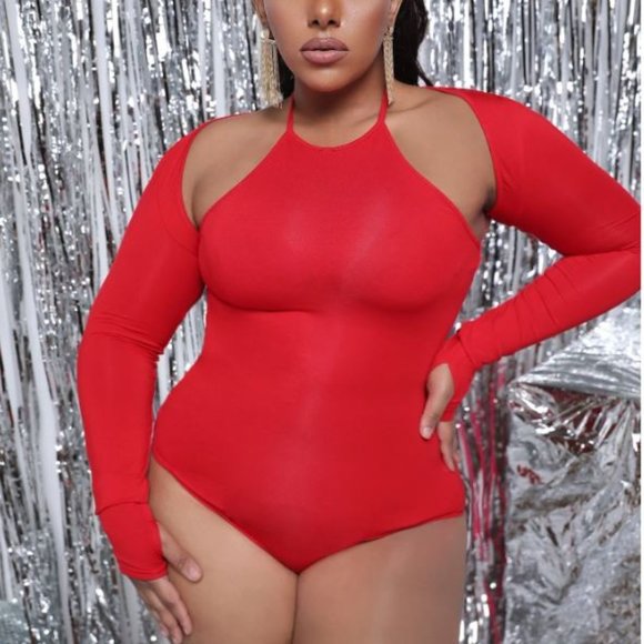 SHEIN Tops - SHEIN Plus Solid Form Fitted Halter Bodysuit With Bolero Shrug Top  Red / 2X